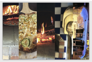 Collage of 5 Fire on the Bluff oven and pizza photos