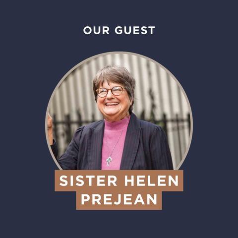 Photo of Sister Helen Prejean smiling, wearing glasses and a pink turtleneck under a blue blaze