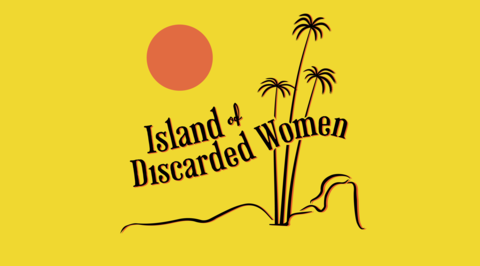 Island of Discarded Women drawn palm tree desert island logo on yellow backround
