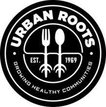 Urban Roots logo with slogan and fork and spoon with roots graphic